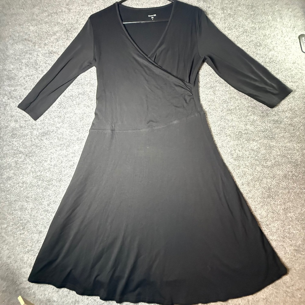 Garnet Hill Black Tencel Faux Wrap Dress 3/4 Sleeve Ruched Midi‎ Womens Medium